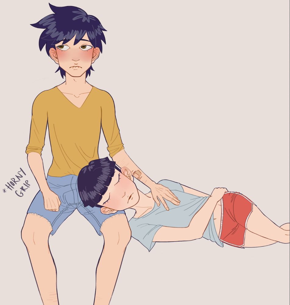 ritsu and mob from mob psycho 100. ritsu is sitting up with mob laying next to him sleeping, his head in ritsu’s lap. mob is wearing his skimpy gym shorts and ritsu looks aroused, his fist clenched in a “horny grip”