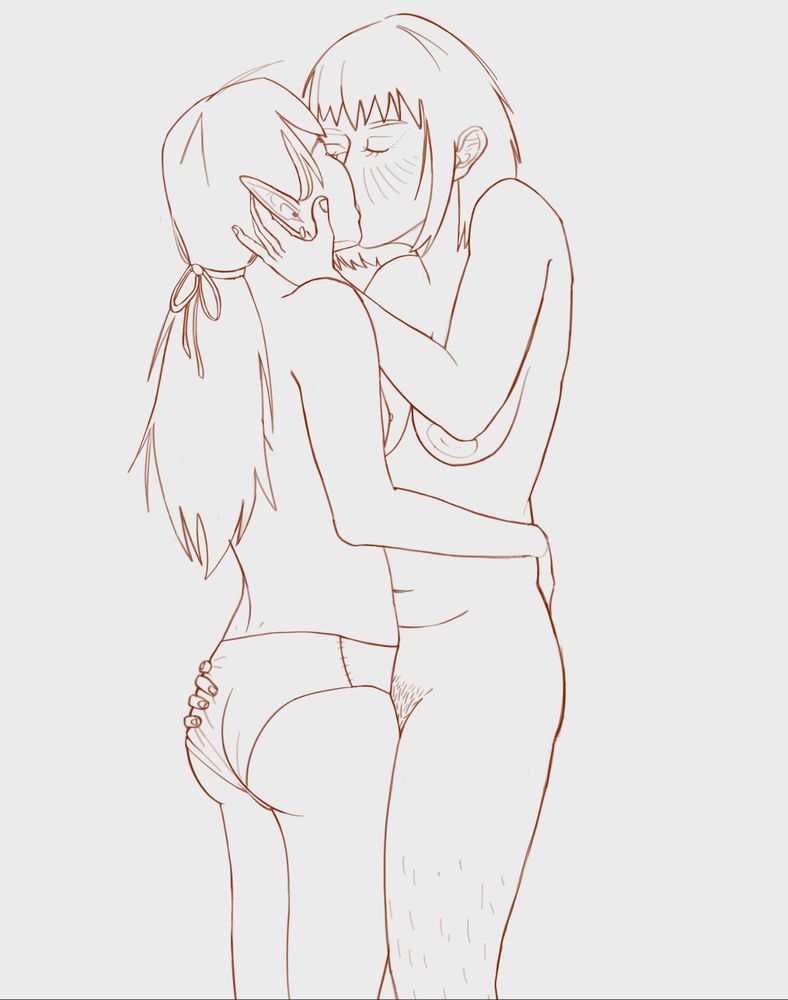 marcille and falin from delicious in dungeon embracing each other in a passionate kiss. falin is nude with leg hair and a bush, while marcille is in her underwear and her hair is in a loose ponytail tied with a bow