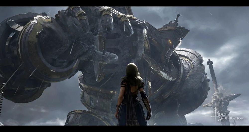 Screenshot of Tides of Annihilation for PS5 showing the main character with a giant in the background.
