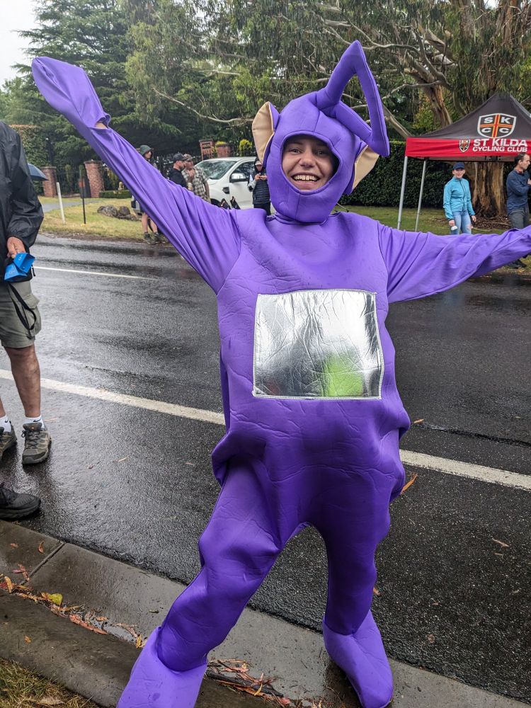 Sarah Gigante in a teletubby outfit, smiling
