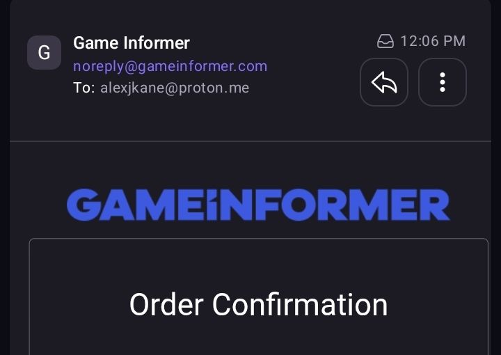 An order confirmation email for my Game Informer 2025 print magazine subscription.