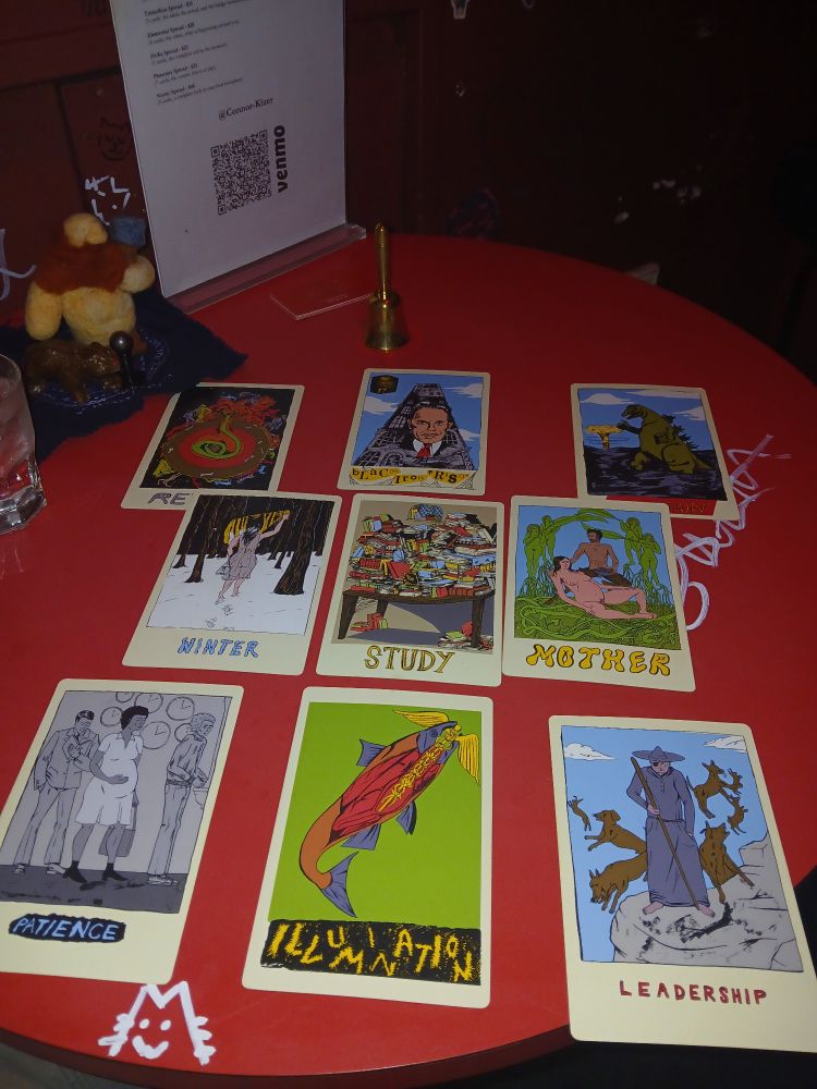 A spread of the N.O.D,  heavy with ominous portent, sits before iffigies of the craft. Just below the spread is a graffito cat, yet to be cleaned.
