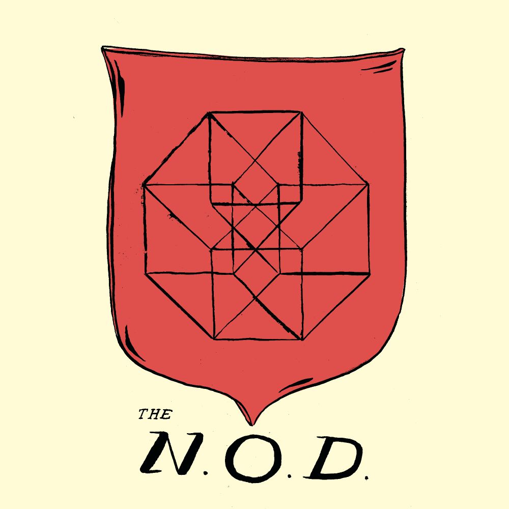 A coat of arms, red shield emblazoned with a tesseract, and the phrase 'The N.O.D.' written underneath 