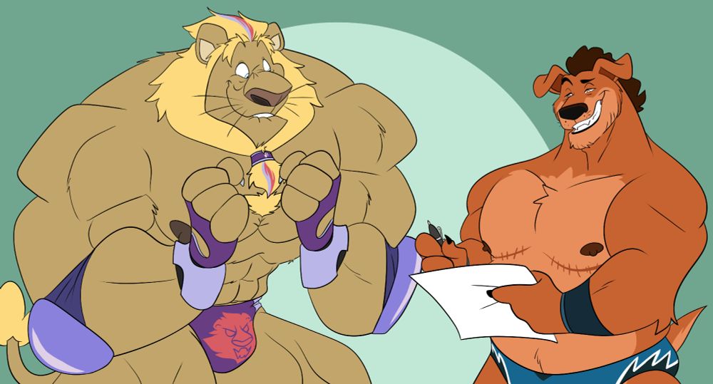 Giftart for angelofalls of his wrestler fursona graciously signing his autograph for my OC, Deuce, also in wrestling gear gleefully hunched over pursing his lips as he waits expectantly for a signature from one of his idols.