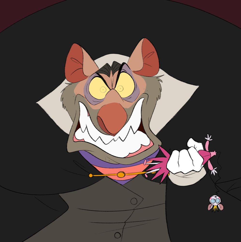 Fanart of Ratigan from the Great Mouse Detective looking straight at the viewer with an infuriated expression, gritted teeth, as he squeezes and breaks a wind up ballerina toy.