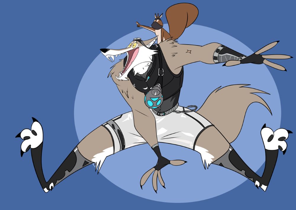 Full body art of Wendell from Fortnite jumping up with a wide mouthed, silly smile looking ahead as his squirrel companion hangs on his back pointing towards something in the distance.