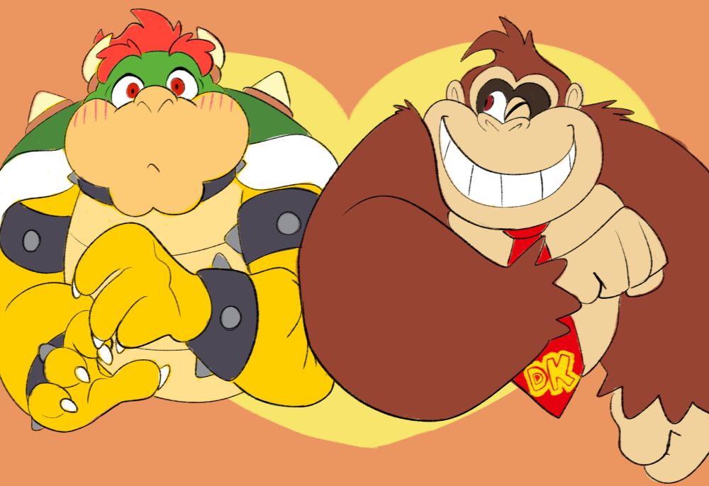 Fanart of Donkey Kong bumping elbows with Bowser and winking at him playfully with a big smile. Bowser is caught off guard by the gesture and blushing.