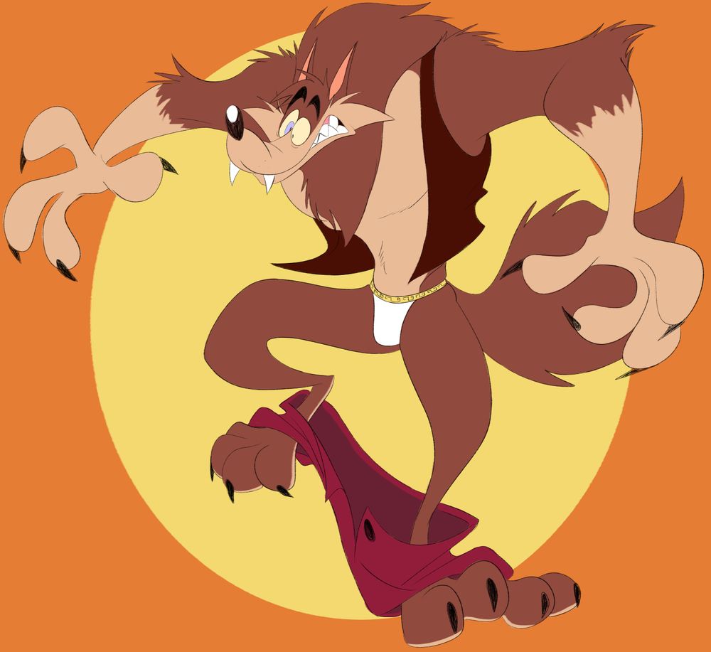 Fanart of Piti Yindee's big bad wolf character, Hank Howell, goofily trying to maintain his balance while his pants are down.