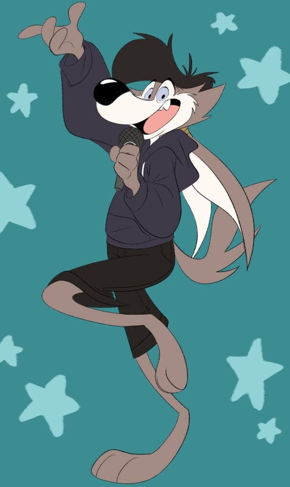 Fanart of Ye Aung's character, Vee, from Howls in the Limelight. Eyes are on the viewer joyfully singing karaoke holding a microphone up in one hand, other arm raised up and balancing on one leg while the other is raised and bent playfully in front of a simple starry background.