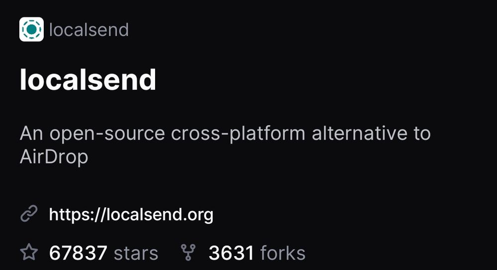 The localsend GitHub page, showing 67837 stars and 3631 forks.
