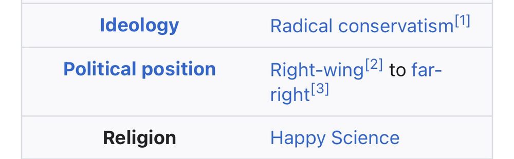 Ideology
Radical conservatism(1]
Political position
Right-wing 21 to far-right 3]
Religion
Happy Science