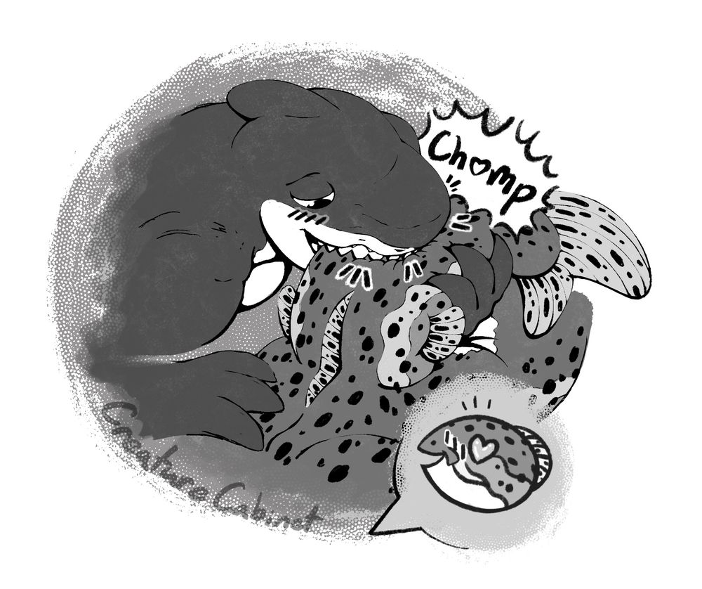 Sexy tiger shark boy lovingly bights the fat, juicy tail of a sexy rainbow trout boy who is absolutely loving it.