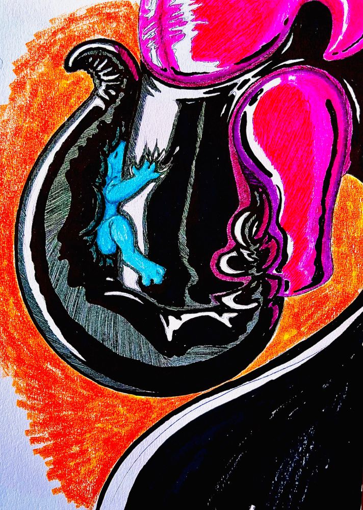 Headshot of a large monster made out of a shiny, reflective, rubber like material. It has no eyes or ears and a very long, thick neck. It is mostly black except for a hot pink lower jaw and set of horns that curve forward. It is extruding a very large, black tongue made of the same material from its mouth and using it to press a much smaller blue anthro creature against its snout. The smaller creature has his eyes closed and is relaxing into the pressure while clutching onto the monsters face.