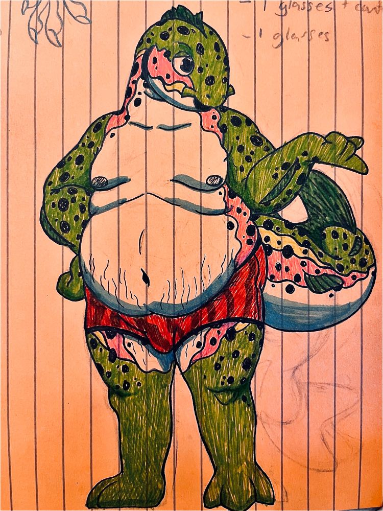 Fat anthropomorphic rainbow trout doodle. He is standing in a void with one hand on his hip and the other pointing at something of camera. He is in only his red striped boxer briefs.