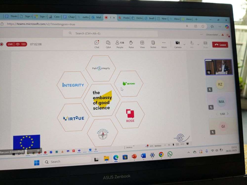 A screenshot of Daniel Pizzolato presenting at the conference with the Embassy logo highlighted among other research integrity initiatives