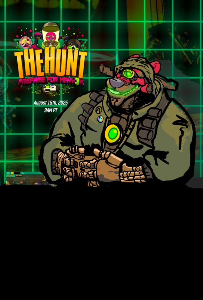 Image of my vtuber model and the Hunt for mayhem logo