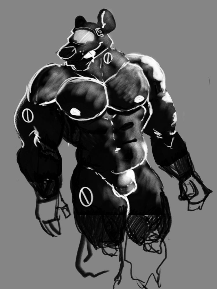 Muscular black latex-covered drone version of my fursona. 