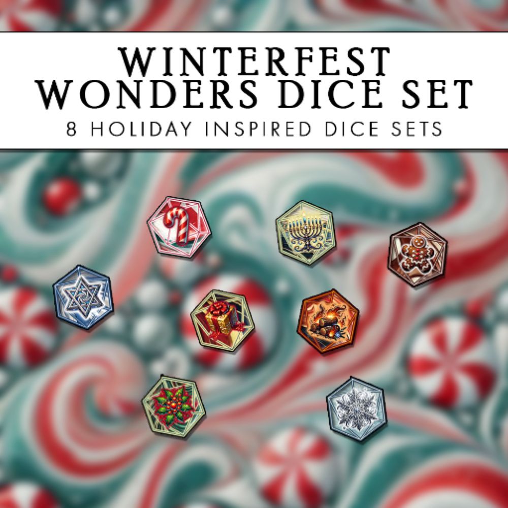 A preview thumbnail of the 8 holiday-inspired dice included in this set, featuring various holiday iconography such as candy cane, snow flake, gingerbread man, etc.