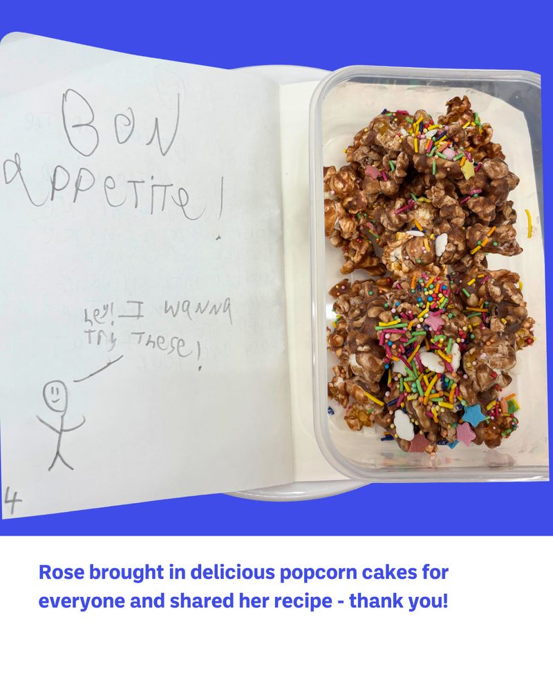 Photo of chocolate popcorn cake beside handwritten recipe.
text = Rose brought in delicious popcorn cakes for everyone and shared her recipe - thank you!