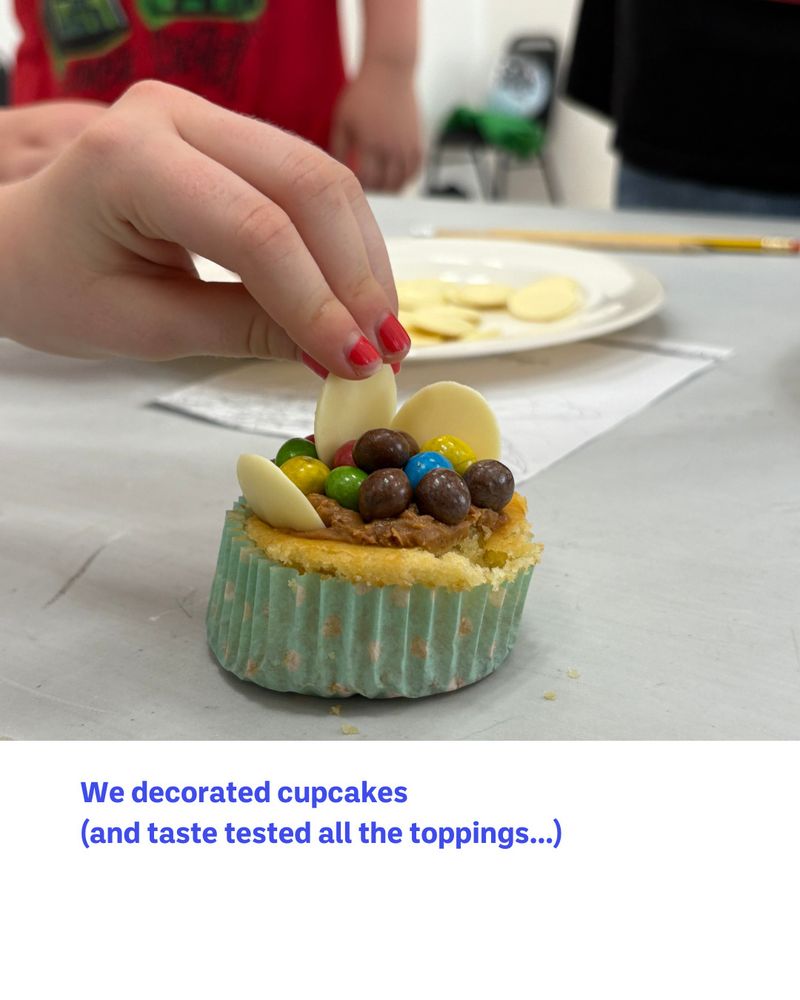 Photo of cupcake with sweets on top.
Text = We decorated cupcakes 
(and taste tested all the toppings...)