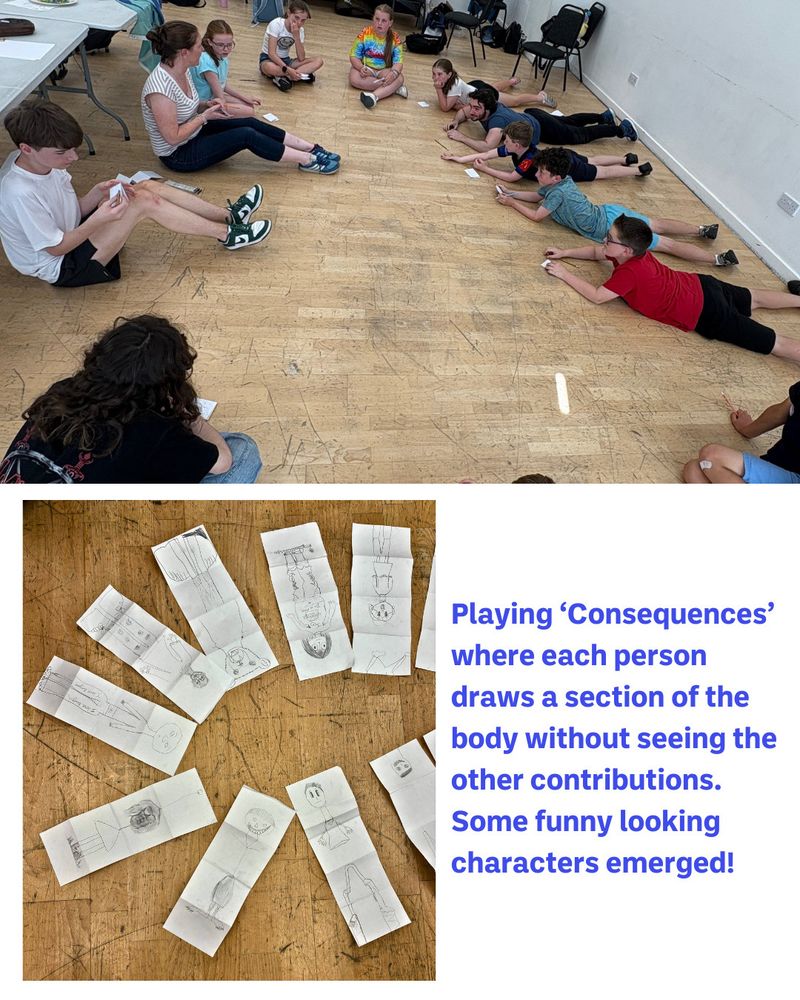 Photo of group lying down drawing.
Text = Playing ‘Consequences’ where each person draws a section of the body without seeing the other contributions. Some funny looking characters emerged!