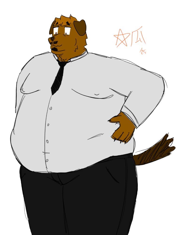 mark wearing black pants and a shirt with a tie realizing how big he is~