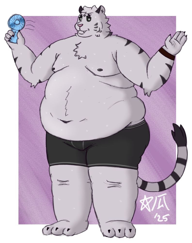 axel from remember the flowers only in underwear, visibly sweating. he is holding an electric hand fan in his right hand, but i don't think it's helping with the situation.