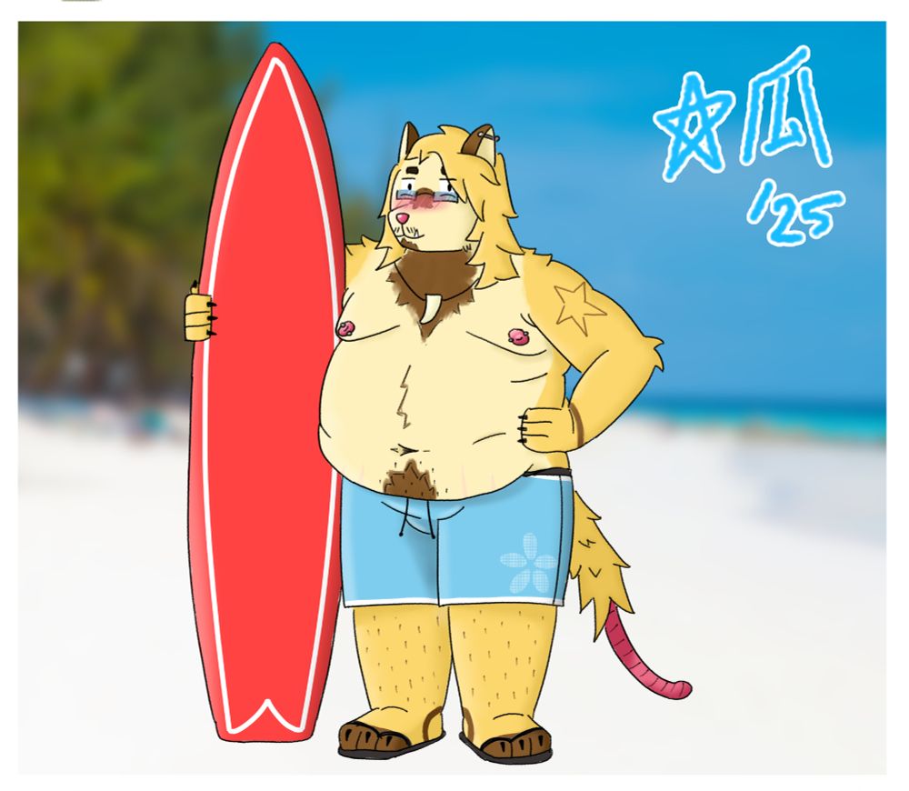 nate the dogpossum is at the beach with a surfboard