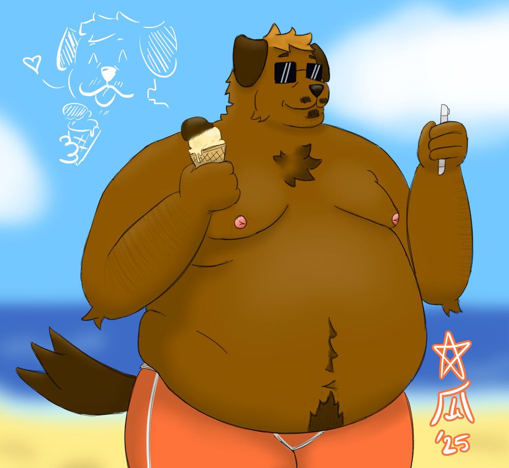 an obese anthro dog in his late 30's is on the beach. he is holding an ice cream cone in his right hand, and his phone in his left hand.