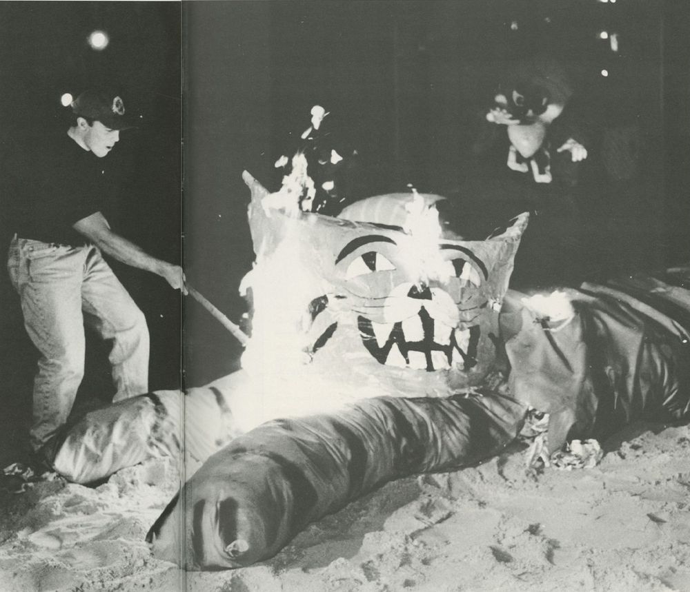 You're looking at an old photo from a yearbook of a college student setting fire to a large flammable depiction of a tiger. Cocky stands in the back, seemingly encouraging the behavior.