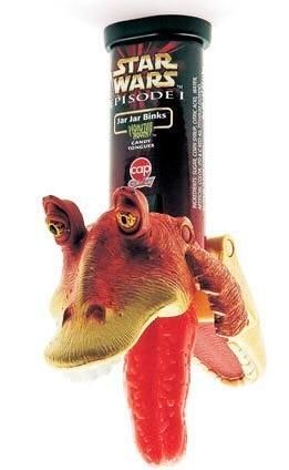 Jar jar binks lollipop, promotional toy for episode one. Uniquely horrifying. His tongue is the lollipop.