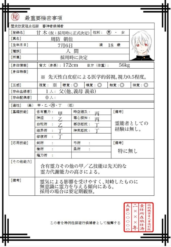 審神者候補者採用履歴書、甘木（周防朝佳）