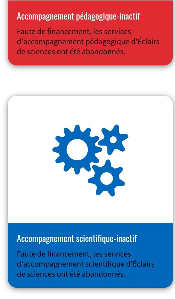 Capture d'écran du site Éclairs de Sciences. Mention "Accompagnement scientifique inactife. Faute de financement les services ont été abandonnés. 