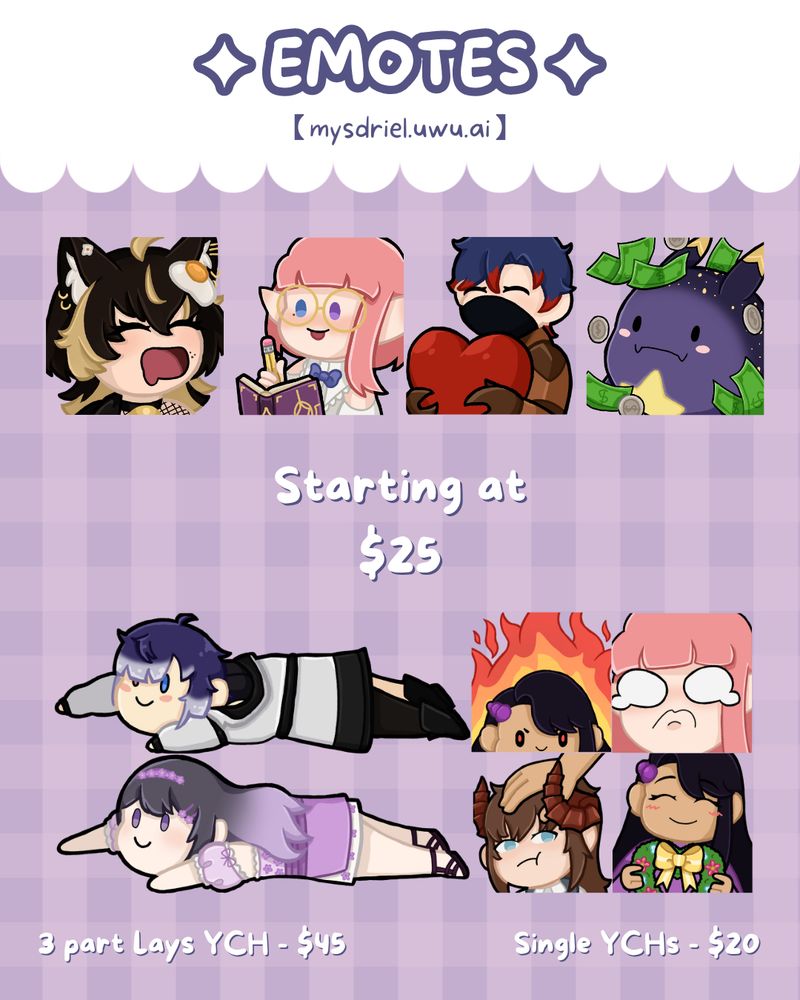 Commission info graphic showing emote examples and a starting price