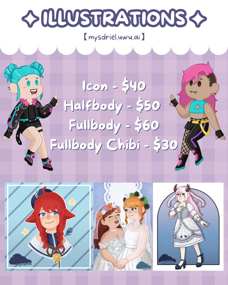 Commission info graphic showing art examples and general prices