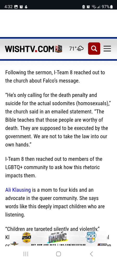 Following the sermon, I-Team 8 reached out to the church about Falco’s message.

“He’s only calling for the death penalty and suicide for the actual sodomites (homosexuals),” the church said in an emailed statement. “The Bible teaches that those people are worthy of death. They are supposed to be executed by the government. We are not to take the law into our own hands.”