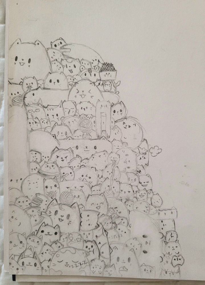 A pencil drawing with dozens of cartoon cats of different shapes and sizes. 