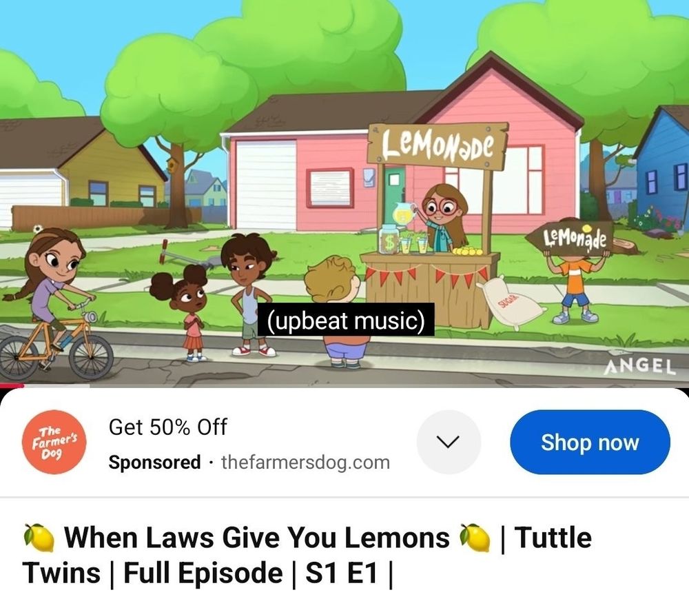 Cartoon showing children on a street in front of a lemonade stand. 