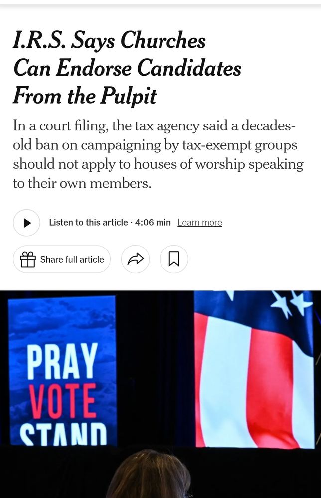 I.R.S. Says Churches Can Endorse Candidates From the Pulpit
In a court filing, the tax agency said a decades-old ban on campaigning by tax-exempt groups should not apply to houses of worship speaking to their own members.