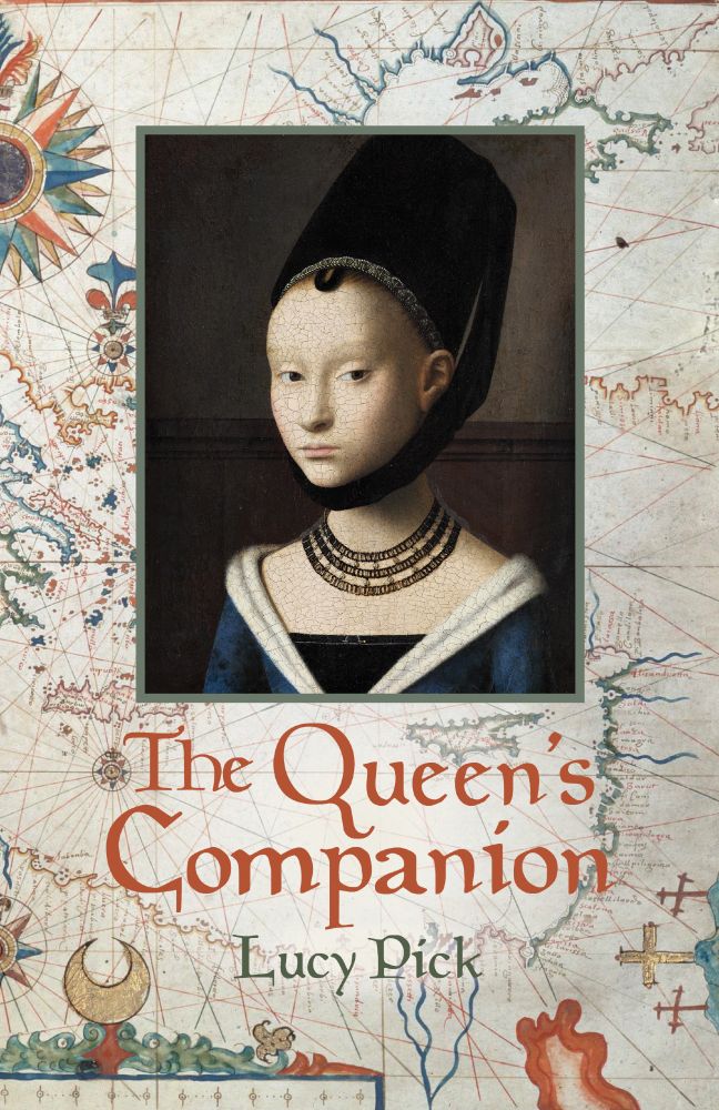 Book cover for historical novel The Queen’s Companion by Lucy Pick. A very annoyed young woman against the backdrop of a medieval map.