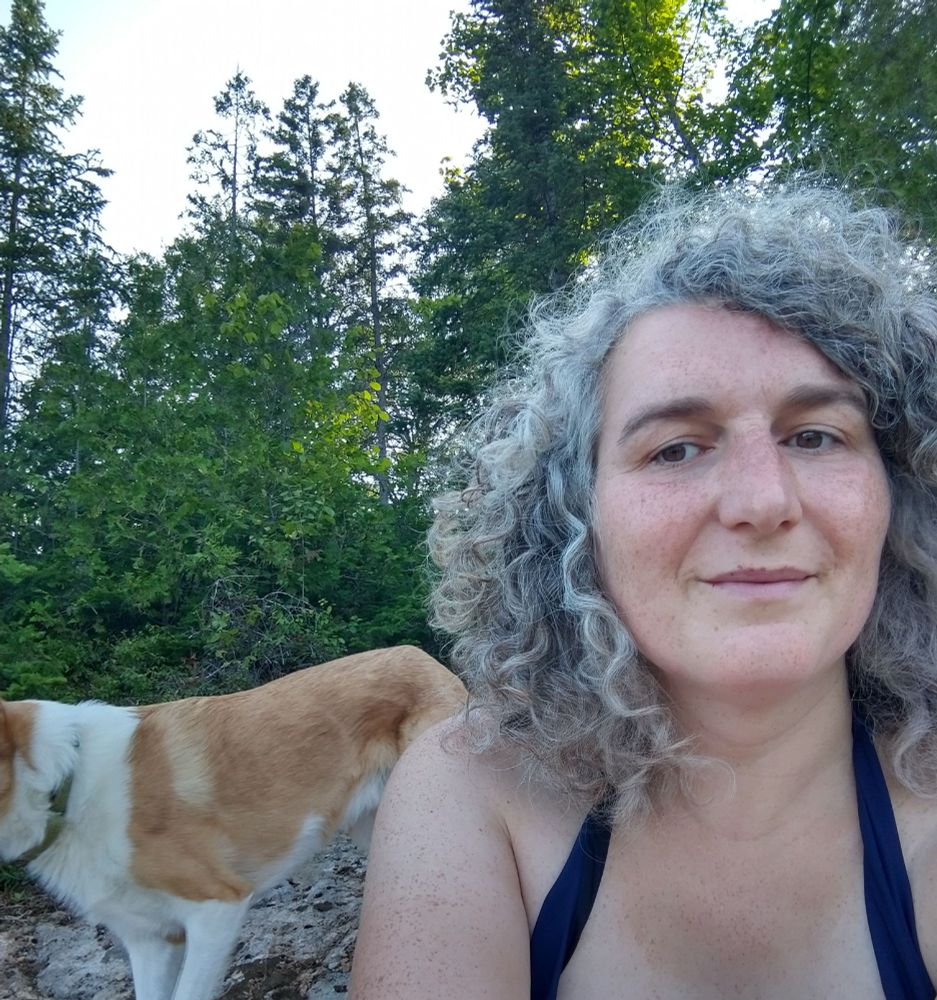 Some kind of grey haired transexual in a swimsuit is resting on a public rock. Also some dog.