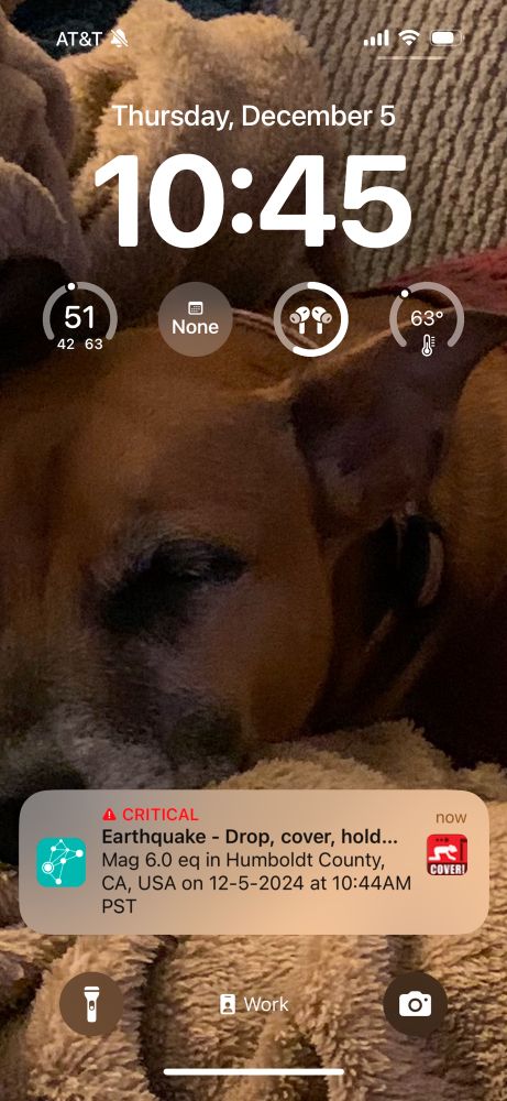 Screenshot of 6.0 earthquake alert in Humboldt county