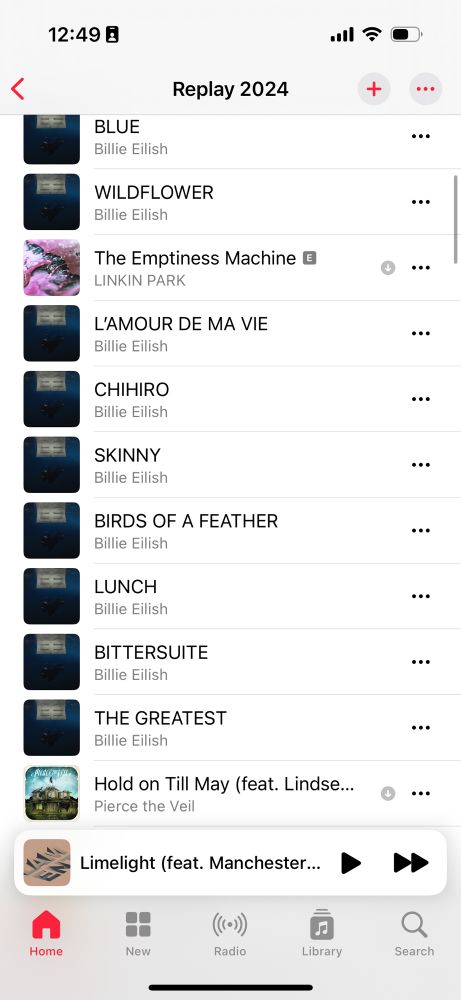 My Apple Music replay list for 2024 absolutely dominated by Billie Eilish’s Hit Me Hard and Soft