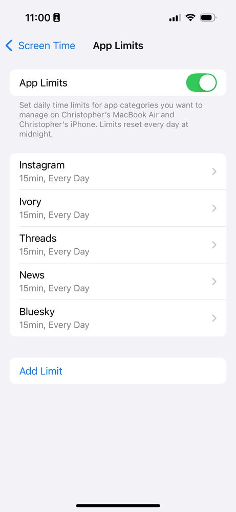 Screenshot of app limits settings, with 15 minute limits on various social media apps