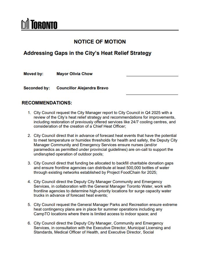 First page of City of Toronto Notice of Motion from Mayor Olivia Chow titled: "Addressing Gaps in the City's Heat Relieft Strategy"