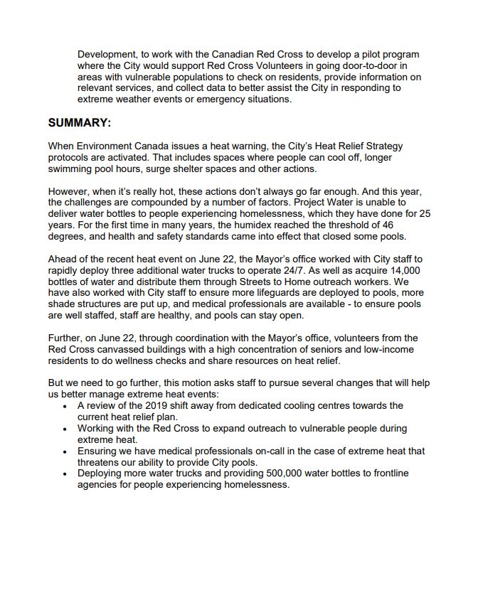Second page of City of Toronto Notice of Motion from Mayor Olivia Chow titled: "Addressing Gaps in the City's Heat Relieft Strategy"