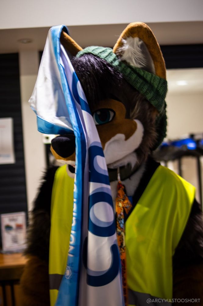 A fursuiter wearing a green beanie and a high-visibility yellow vest playfully peeks out from behind a large blue and white flag. Their face is partially obscured by the fabric, with one eye visible, giving a mischievous and humorous expression. A convention setting is visible in the background, fursuiter has a staff or volunteer role. The photographer's watermark, "@ARCYWASTOOSHORT," is in the bottom right corner.