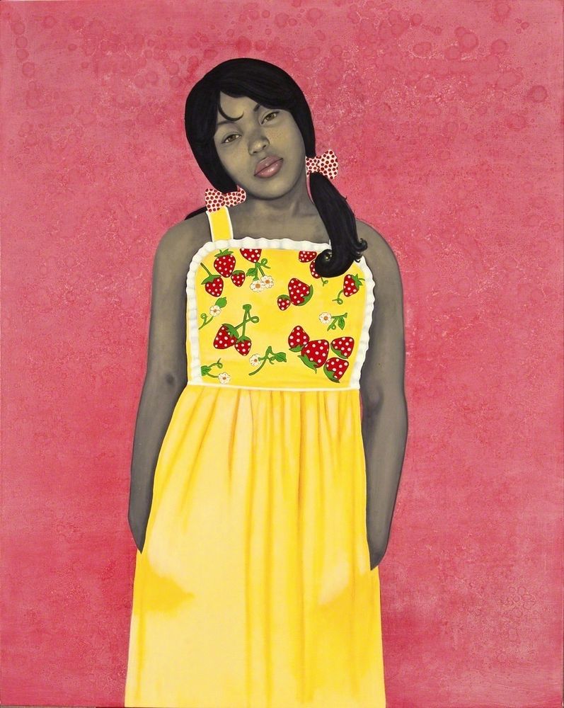 Like many contemporary American artists Amy Sherald perceives racial identity as a performance in response to external forces rather than an essential attribute. As one of just a few Black children in her private school in Georgia, she recalls being highly conscious of how she spoke and dressed, believing these behaviors were the key to social acceptance and assimilation. "They call me Redbone, but I’d rather be Strawberry Shortcake" alludes to racial labeling directly, as the slang term “redbone” typically refers to a Black woman with a light skin tone.

Sherald modifies historical portrait formats to upend the dominant narrative of African American history. She notes: “I create playful yet sober portraits of Black Americans within an imaginative history where I do Black my way, in the European tradition of painted portraiture.” While historical portraitists aimed to reveal a sitter’s social standing or some essence of character, Sherald’s haunting figures are expressionless and dressed in unusual, costume-style clothing that she has collected.

Typical of Sherald’s art, the young woman in "They call me Redbone, but I’d rather be Strawberry Shortcake" appears to float against an intensely colored background, which enhances the work’s dreamy quality. The artist achieves this effect by limiting her use shadow along the figure’s contours. Here as in other works, Sherald disrupts viewers’ readings of her portrait subjects as Black by painting their skin in grayscale, metaphorically removing their “color.”