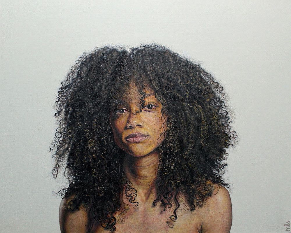 "Two Strikes" is a captivating self-portrait by American artist Madelyn Sneed-Grays which represents the dual challenges she faces being both black and a woman. It’s a powerful reflection on how intersectionality shapes a person’s experience in society.

In the artist's own words, “Do you know what that means when a human being has two strikes?...I am black and I am a woman.” As an emerging artist (based in Fort Worth, TX), she created this work in response to rarely seeing herself in artistic spaces, noting that artists in “18 major US museums are 85% white and 87% male” and that "women make up just 2% of the art market."

In "Two Strikes," Sneed-Grays paints a highly realistic, almost photographic portrait. She looks directly at us with a serene and direct expression from under her beautiful voluminous dark curly hair. Her head and relaxed upper torso fill the frame, creating a sense of depth and realism thanks to meticulous detail in the depiction of the black hair, dark skin, and alluring facial features. In particular, her face and the details on her neck and shoulders are painted with great attention to texture and color variation, which gives a realistic skin tone and feel that is highlighted by soft lighting.

Sneed-Grays was a 2016 Hunting Art Prize finalist. Even after multiple awards and exhibitions, she hopes her work encourages the exploration of different cultures and brings awareness to the humanity and beauty of the African American community.