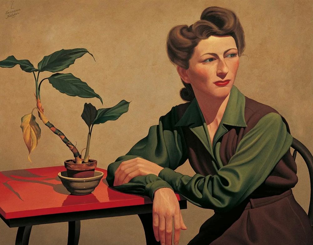 Pacific-northwest U.S. artist Zama Vanessa Helder (aka Z. Vanessa Helder) depicts fellow American female artist Blanche Morgan Losey seated in a dark wooden chair at a small, square, red table. Her posture is relaxed but composed. She rests her forearms on the table, one slightly overlapping the other. Her gaze is directed away from us, towards our right, suggesting an introspective state.

The woman has styled her dark brown hair in a fashionable updo for the late 1930s. She is wearing a collared shirt in a muted olive green, with a darker brown, almost burgundy, vest dress over it. The fabric appears smooth and slightly glossy. Her makeup is understated; a hint of red lipstick is visible. Her expression is serious and serene, neither sad nor happy, but contemplative.

On the red table next to her sits a small, potted plant with large, dark green leaves and a slender, mottled stem. The pot is a simple, earthenware brown color. One leaf appears to be browned, suggesting it's not in perfect health. Underneath the plant is a small, gray bowl, likely a cachepot. The table's red surface is highly polished, reflecting light.

Helder, who grew up around Seattle and Spokane, was acclaimed for her “precisionist” scenes of Eastern Washington. Apparently, she was also known for strolling downtown Seattle with her pet skunk. 

Losey painted in styles from realist to surreal, and also created sets for the local Negro Repertory Theater Company and Seattle Opera. She loved the details of life. She was a member of the Women Painters of Washington, the Northwest Watercolor Society, and the National Association of Women Artists in New York. During the 1930s and ’40s, she worked in the precisionist style—hard-edged, clean-lined watercolors that focused on design, color, and form. Losey lived multiple artistic lives: in addition to her watercolors and WPA work, she was the director of Frederick & Nelson’s interior design department for more than 20 years in post-WWII Seattle.